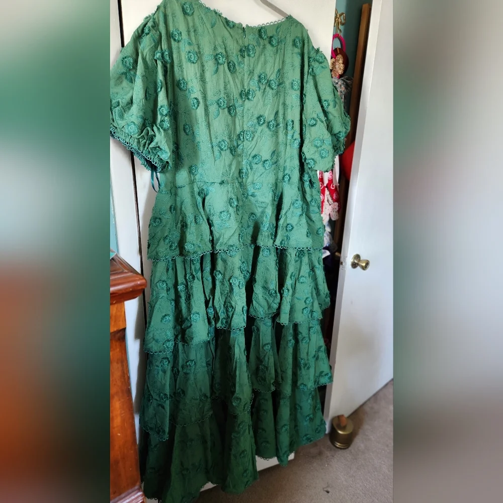 Jessakae Sloane Puff Sleeve Tiered Cotton Floral V-Neck Maxi Dress - Green - Picture 2 of 2